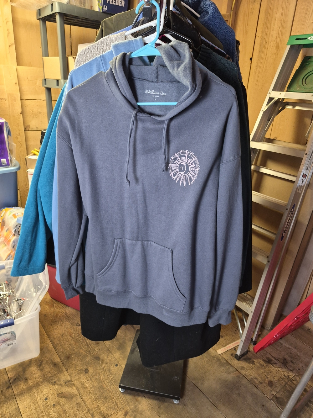 Rebellious One Slate Blue Crewneck Hoodie with Sun-Moon Chest Emblem Bin 58